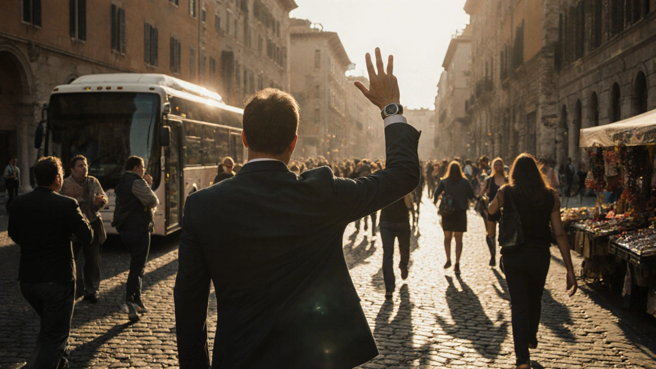 Tour escort guiding a group of tourists toward a bus on a cobblestone street.