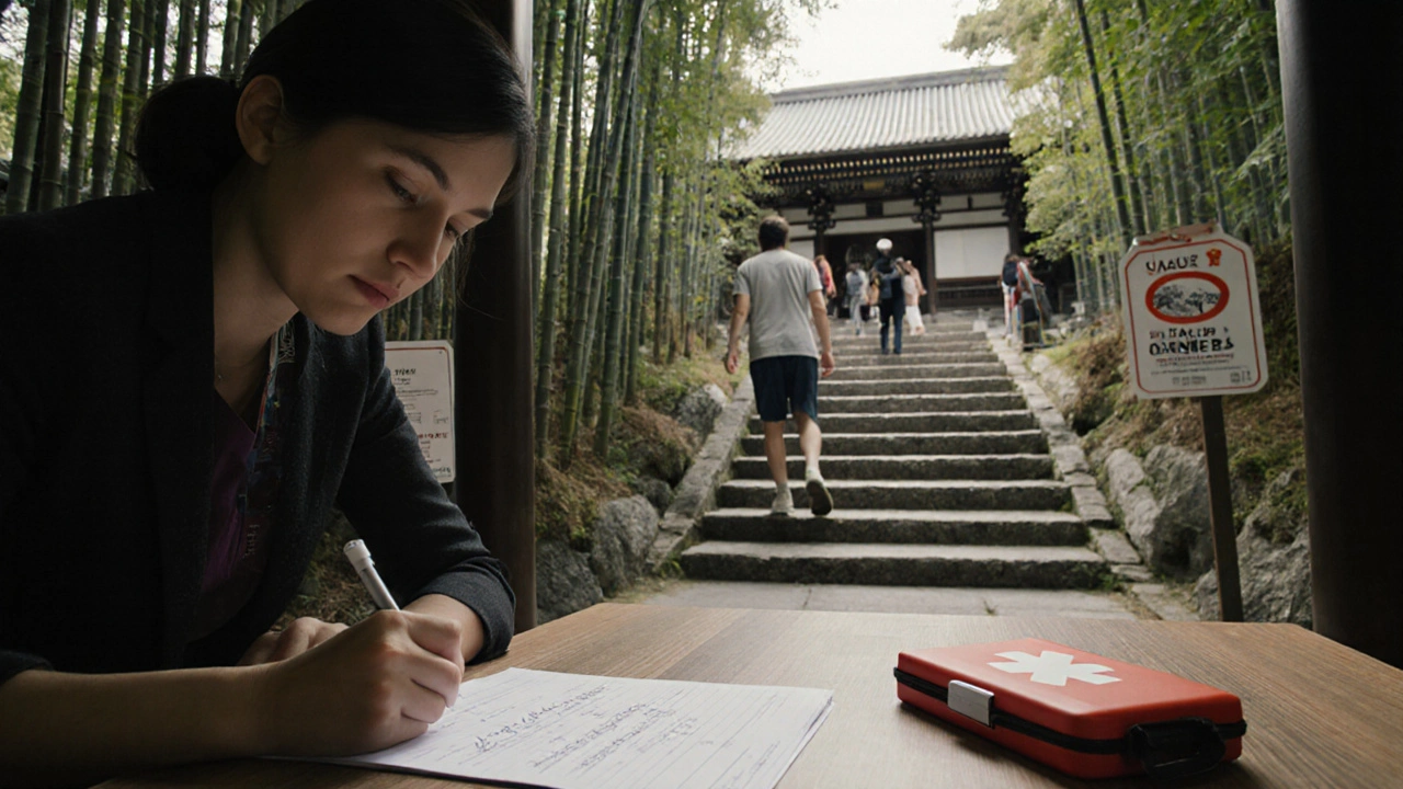 Tour escort in Kyoto reviewing signed health form near steep temple stairs with ignored warning sign.
