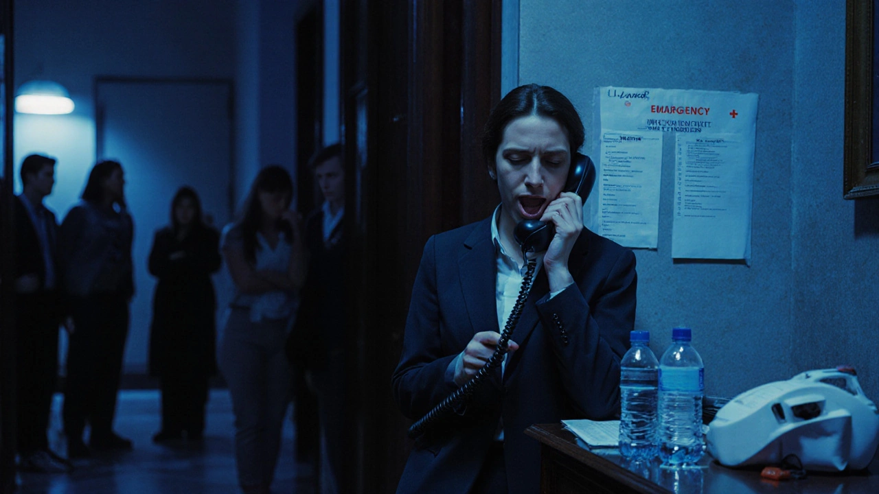 Tour escort using a landline to contact an embassy in a Rome hotel lobby during a crisis.
