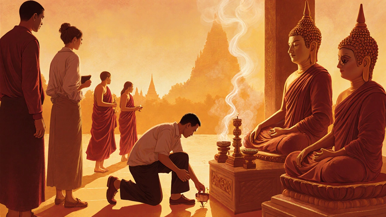 Tour guide removes shoes before entering a Thai temple, surrounded by quiet tourists and incense smoke.