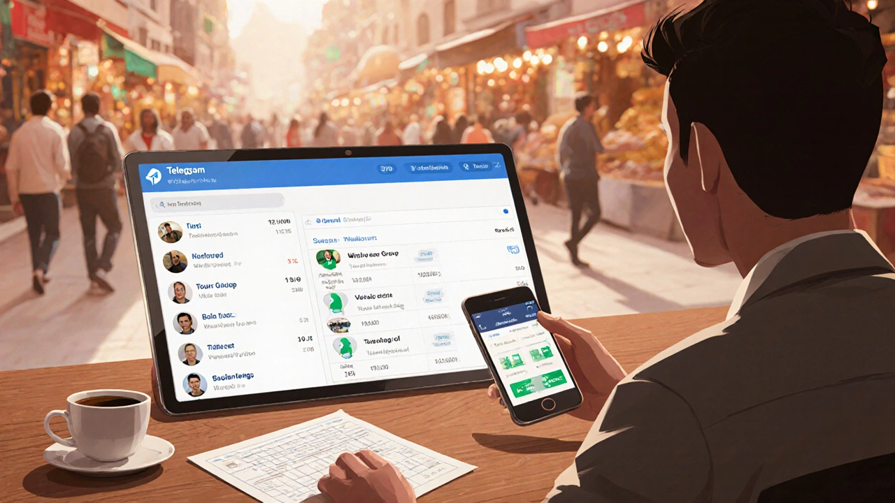 Tour operator managing multiple messaging apps on a tablet and phone in a bustling Istanbul market.