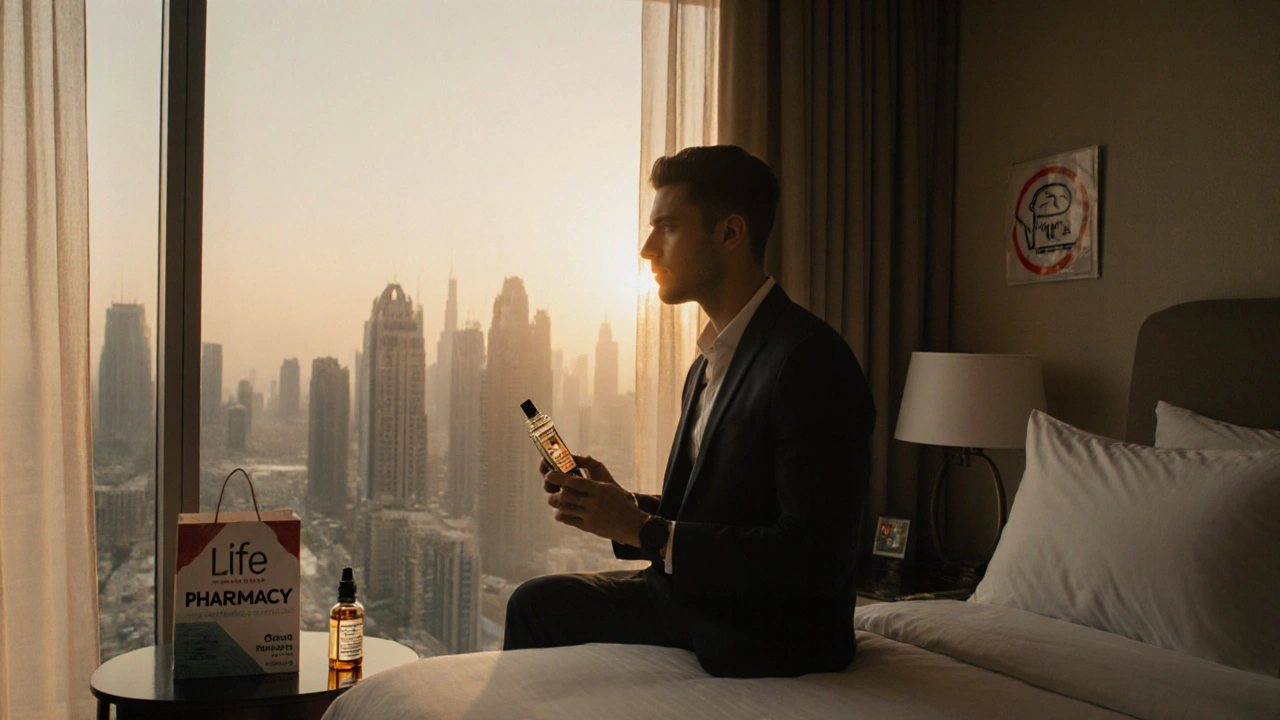 Tourist holding vape in hotel room as nicotine gum sits on table beside pharmacy bag