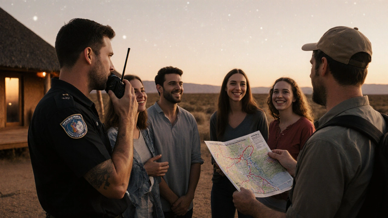 Tourists relaxing at a secure eco-lodge as escort coordinates safety plans at twilight.