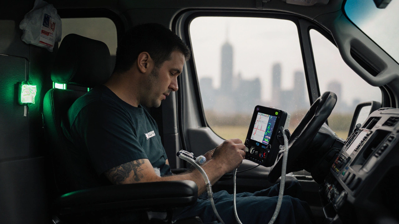 Trained escort administering medication to a patient in a medically equipped transport van.