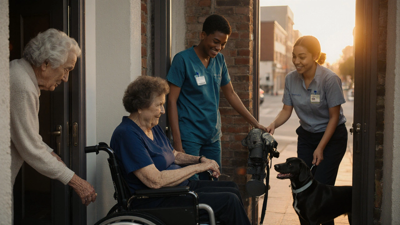 Trained escort staff gently assist diverse individuals at clinic entrances, symbolizing accessible mental health care.