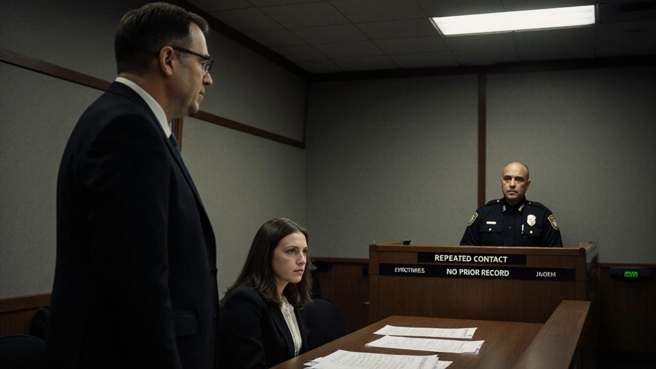Transgender defendant and lawyer in courtroom, police officer nearby, legal documents on table.