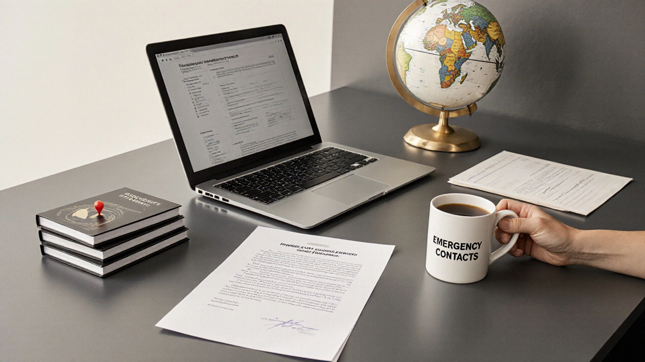 Travel agency desk with insurance papers and escort credentials