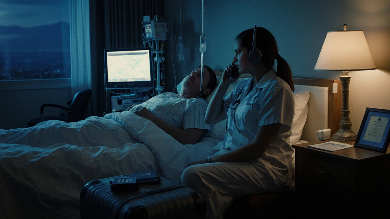 Traveler in hospital with escort making emergency call