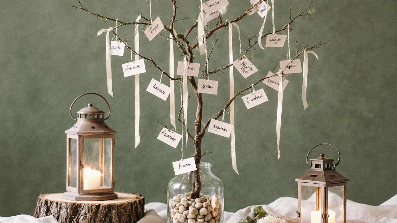 Tree branch in a vase with cards hanging from ribbons, lit by lantern glow.