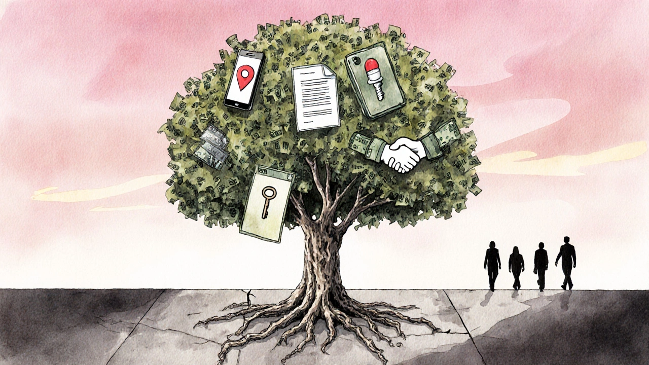 Tree with money roots and symbols of safety growing from urban sidewalk under dawn sky.