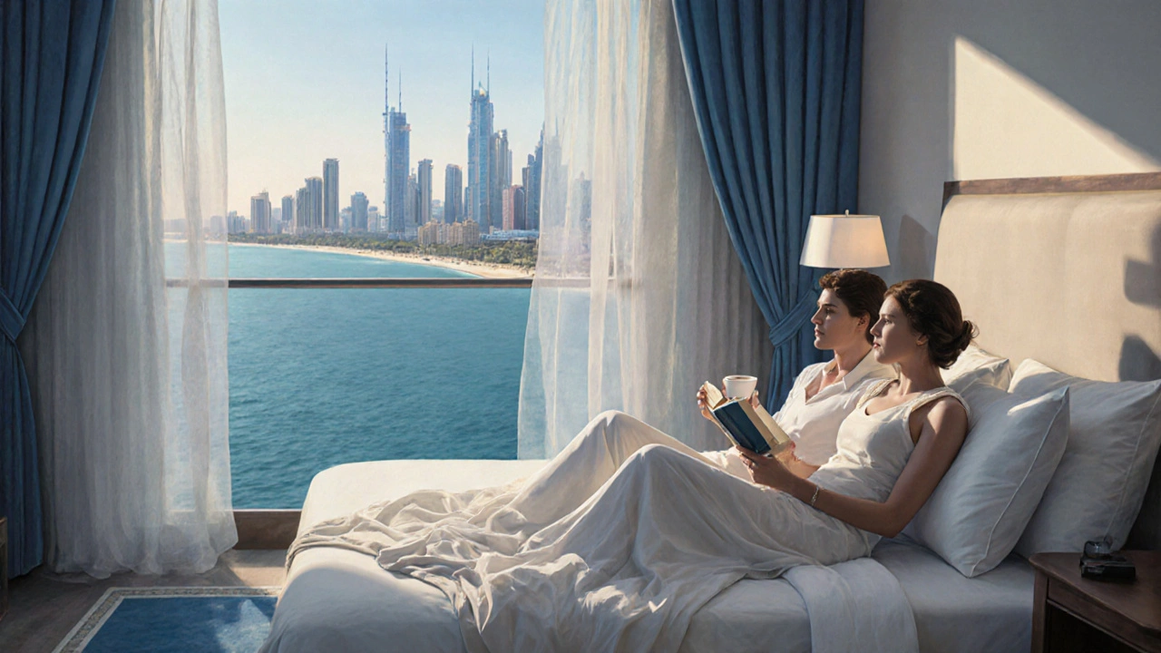 Two guests enjoying a private balcony view at a Dubai resort, calm and respectful atmosphere.