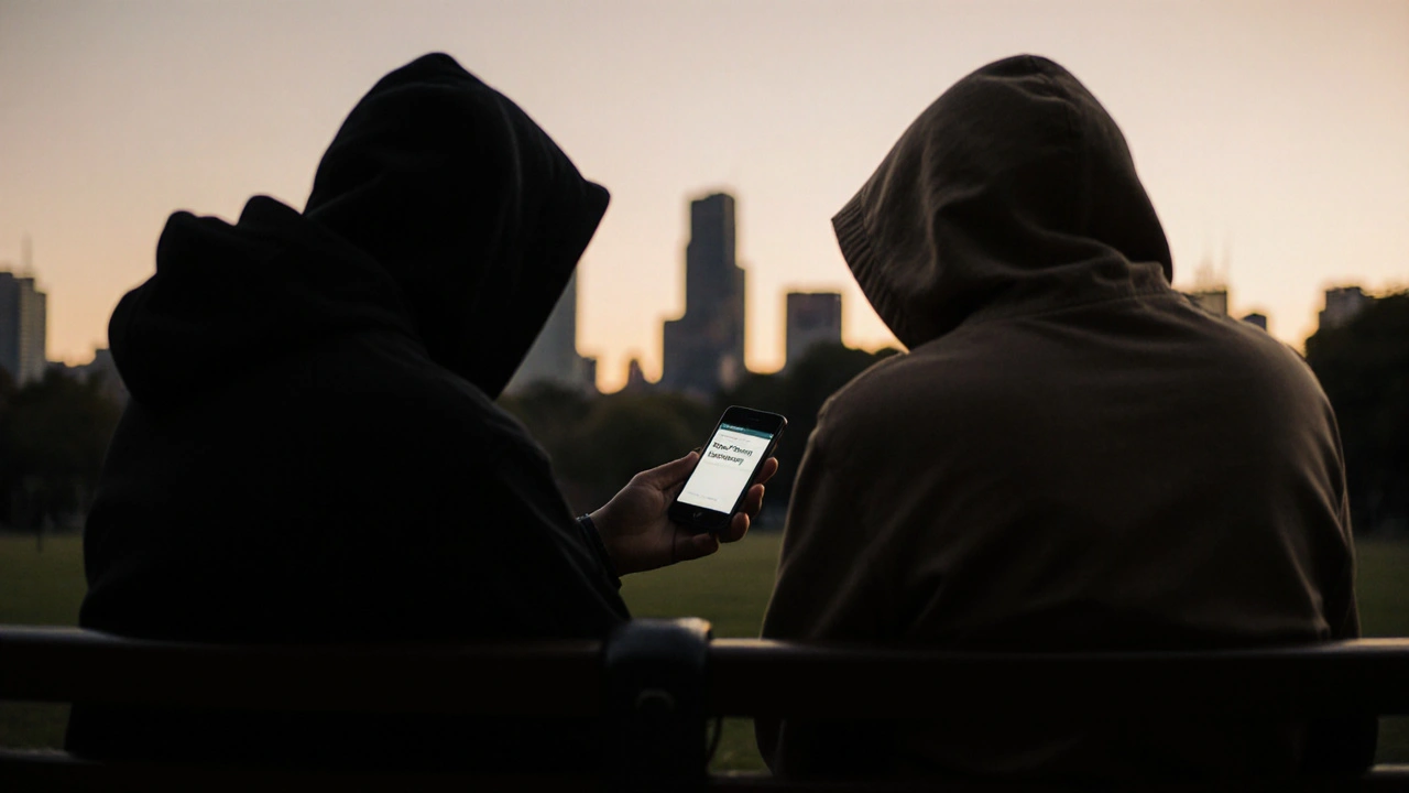 Two people exchanging a burner phone in a quiet park at dusk, faces hidden for privacy.