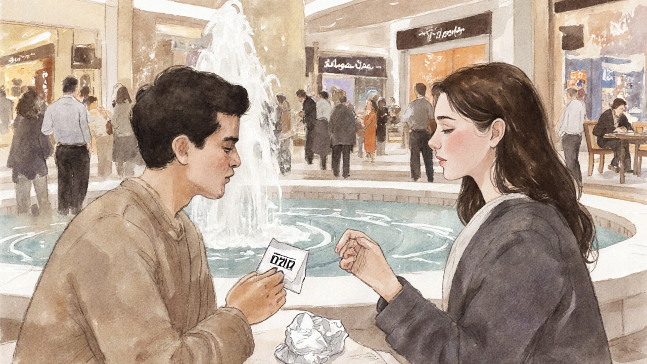 Two people exchanging a phone number quietly near a mall fountain, others blurred in the background.