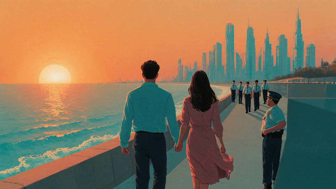 Two people walking on Dubai beach at sunset, holding hands distantly.