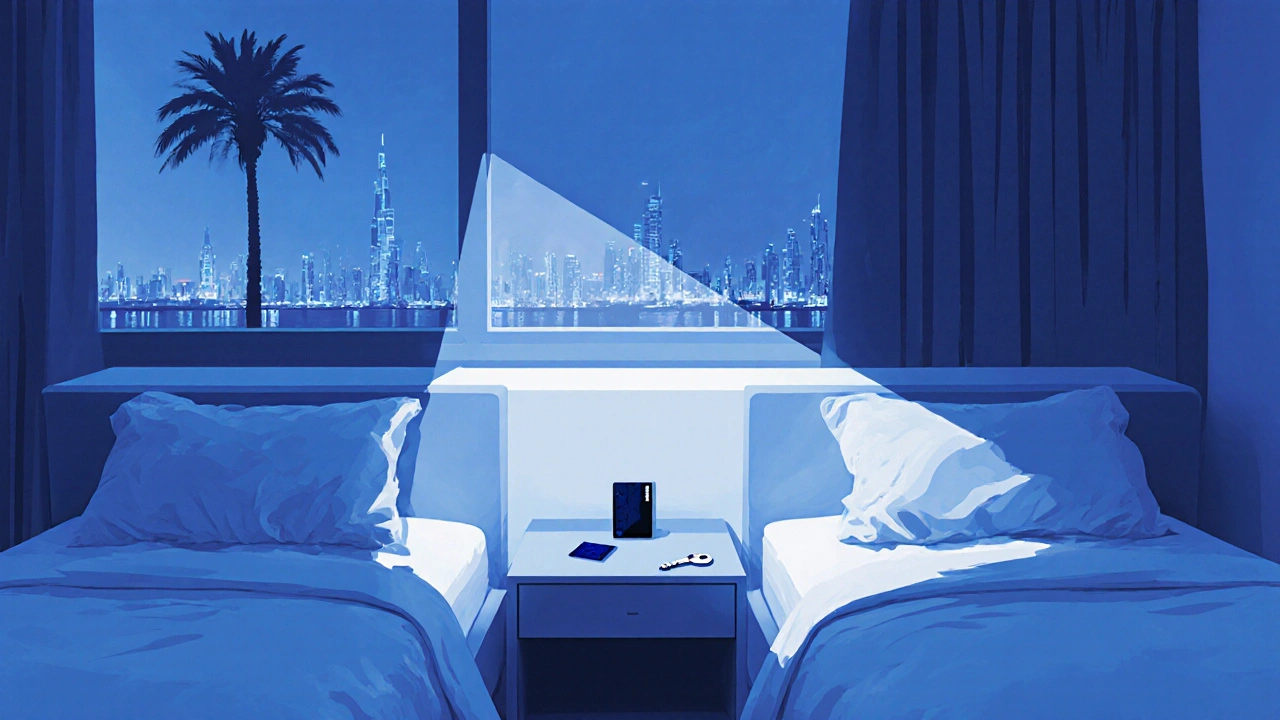 Two separate hotel beds in a Dubai room with a keycard between them.