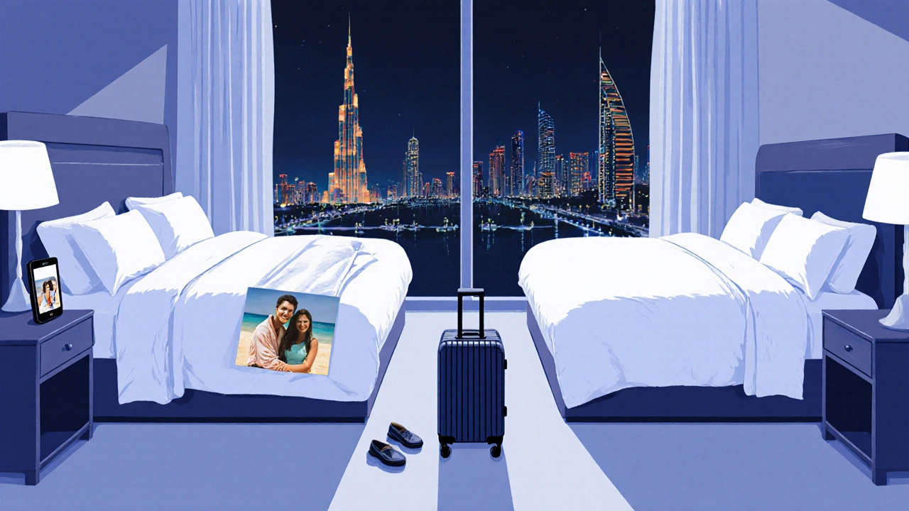 Two separate hotel beds in Dubai with a suitcase between them, smartphone showing a beach photo, Burj Khalifa in distance.