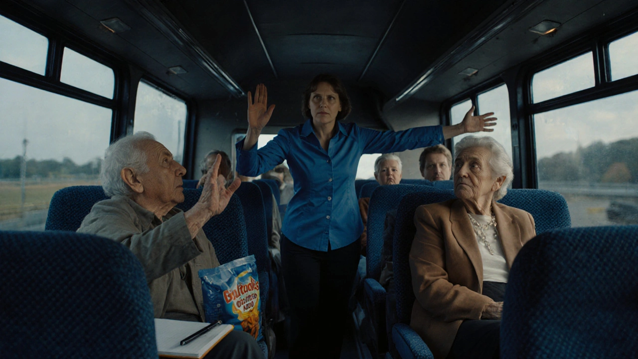 Two tourists argue over seating while another signals for space; the escort mediates with quiet calm.