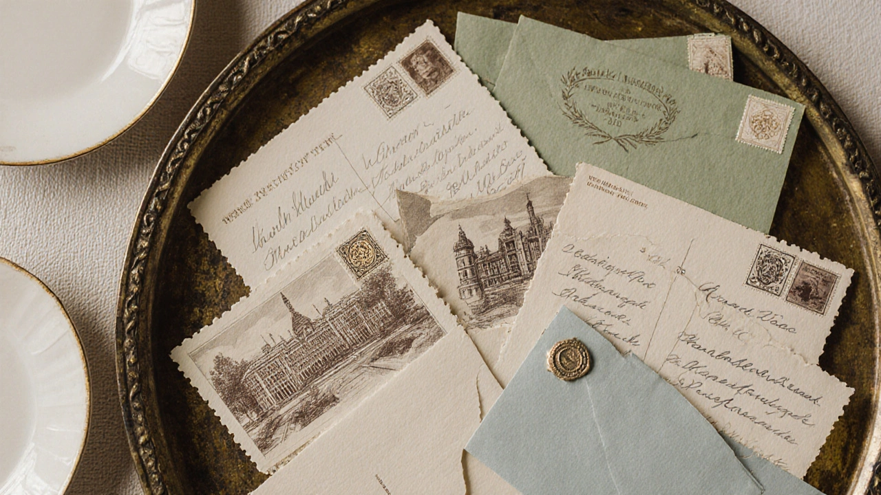 Vintage postcard escort cards in mismatched envelopes sealed with wax, displayed in a brass tray with gold-embossed details.