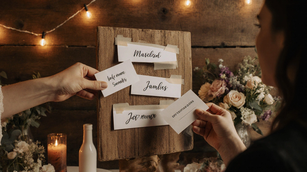 Wedding escort card display with cards being swapped and a guest receiving a new card.