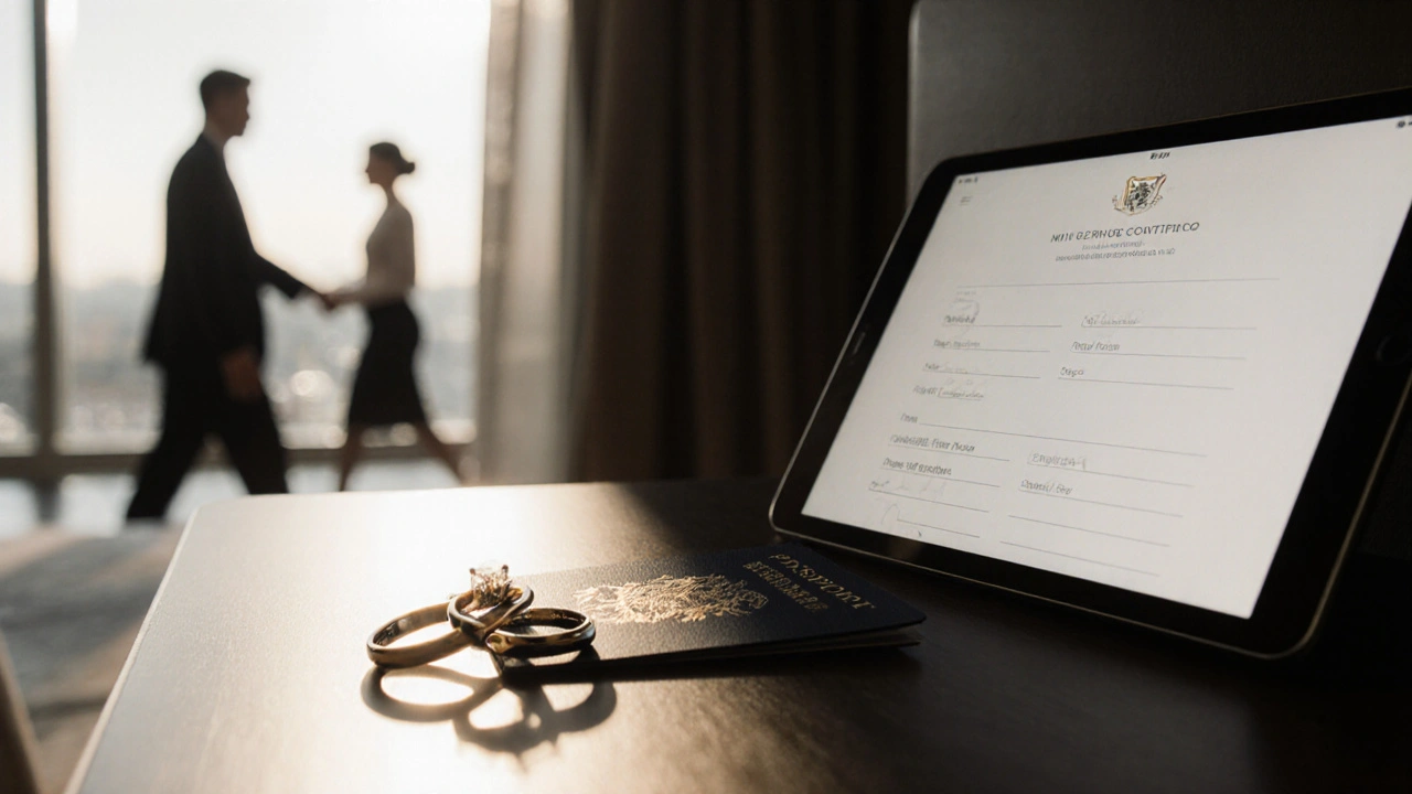 Wedding rings on a nightstand beside a passport, symbolizing discreet travel in Dubai.