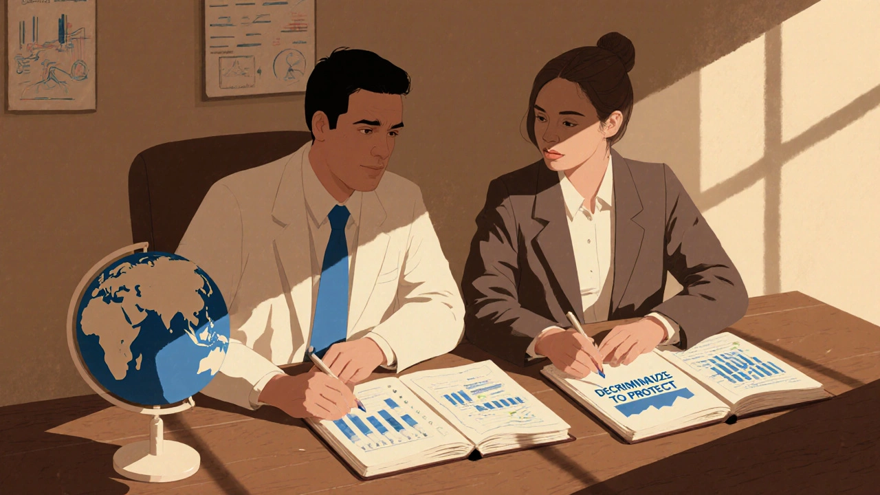 WHO expert and sex worker reviewing health data together at a table with a globe nearby.