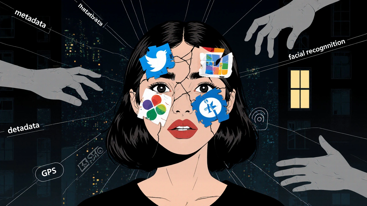 Woman&#039;s face covered by cracking social media icons, surrounded by digital tracking lines and a glowing address target.