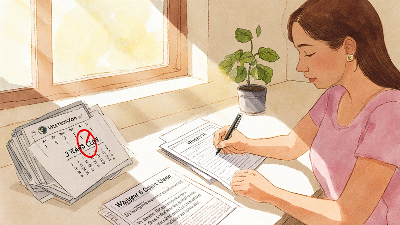 Woman completing a court form at home in Washington State, sunlight streaming in, calendar marked &#039;3 Years Clean&#039;.