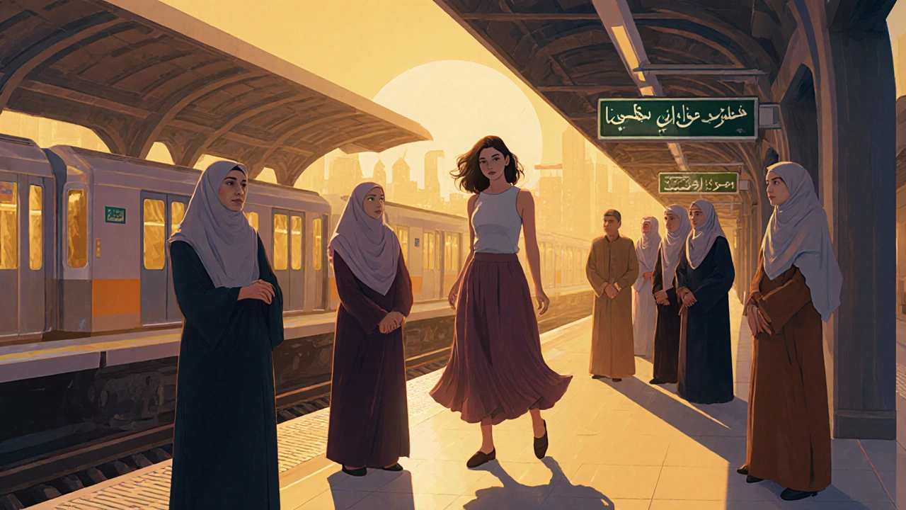 Woman stepping off Dubai Metro in modest attire among locals.