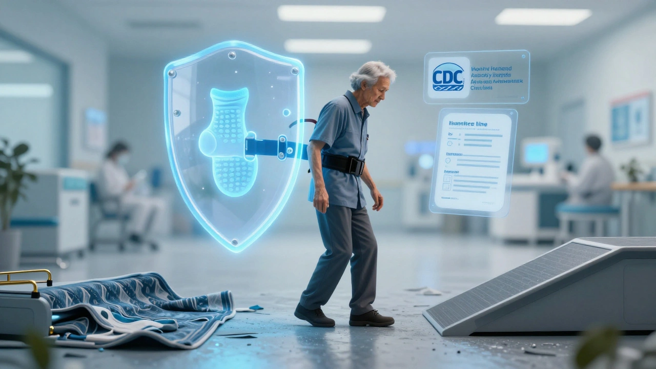 A fragile elderly person is protected by glowing safety protocols like gait belts and non-slip socks, symbolizing fall prevention.