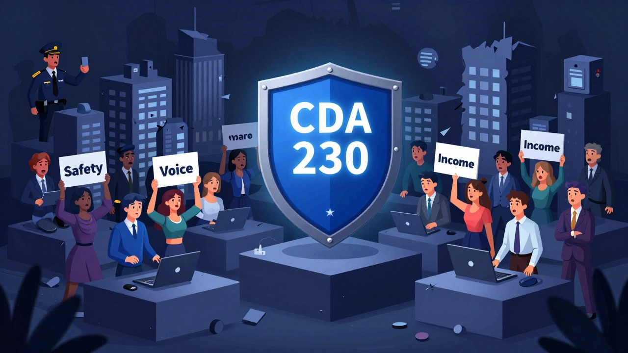A glowing CDA 230 shield protecting diverse online users from corporate and regulatory threats.