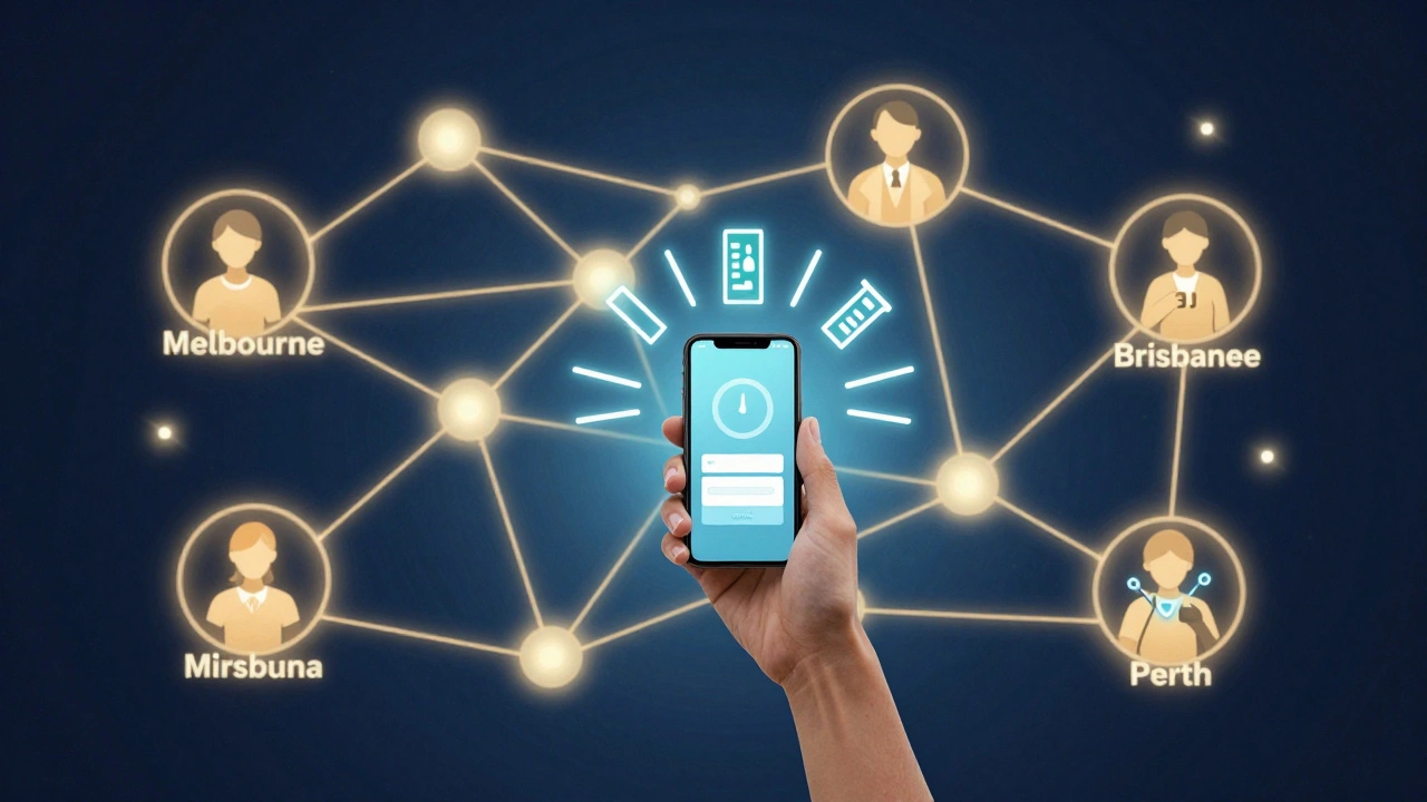 A glowing network of connections between sex workers with safety tools and emergency exit symbols, abstract and symbolic.