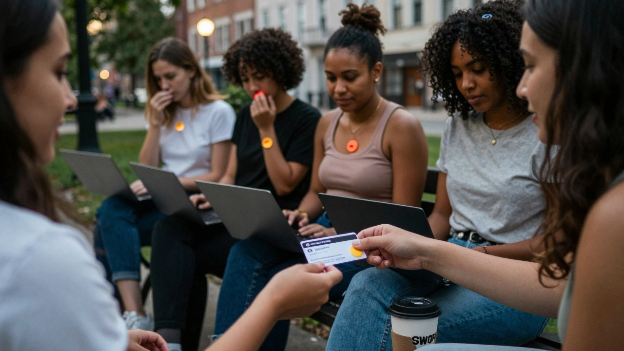 A group of sex workers in a city park, using safety tools and community resources at twilight.