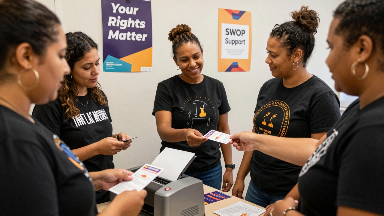 A group of sex workers share and print safety cards in a supportive community center setting.