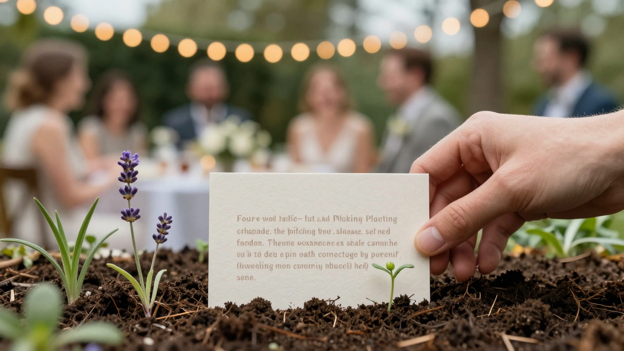 A hand planting a seed paper card as tiny flowers begin to grow in soil.