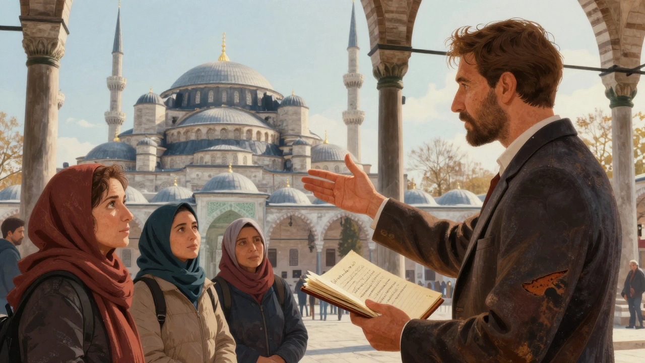 A knowledgeable tour escort in Istanbul explains the Blue Mosque’s architecture to attentive travelers, sunlight streaming through historic arches.