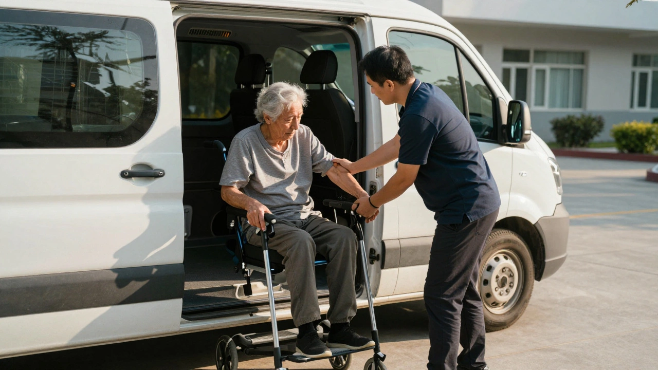 A medical escort assists an elderly patient into a vehicle outside a cancer center, providing gentle physical support.