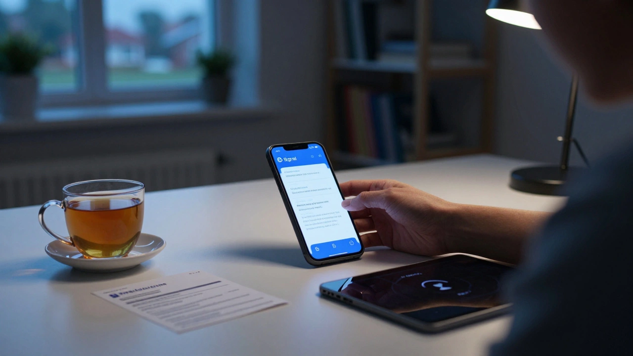 A person organizes encrypted phone apps and a printed rights card in a home office with soft lighting.