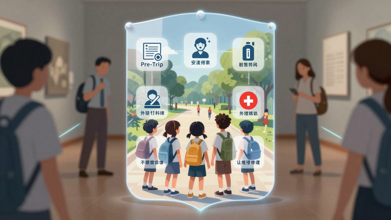 A protective shield of safety symbols surrounds students on an excursion, with teachers fading in the background.