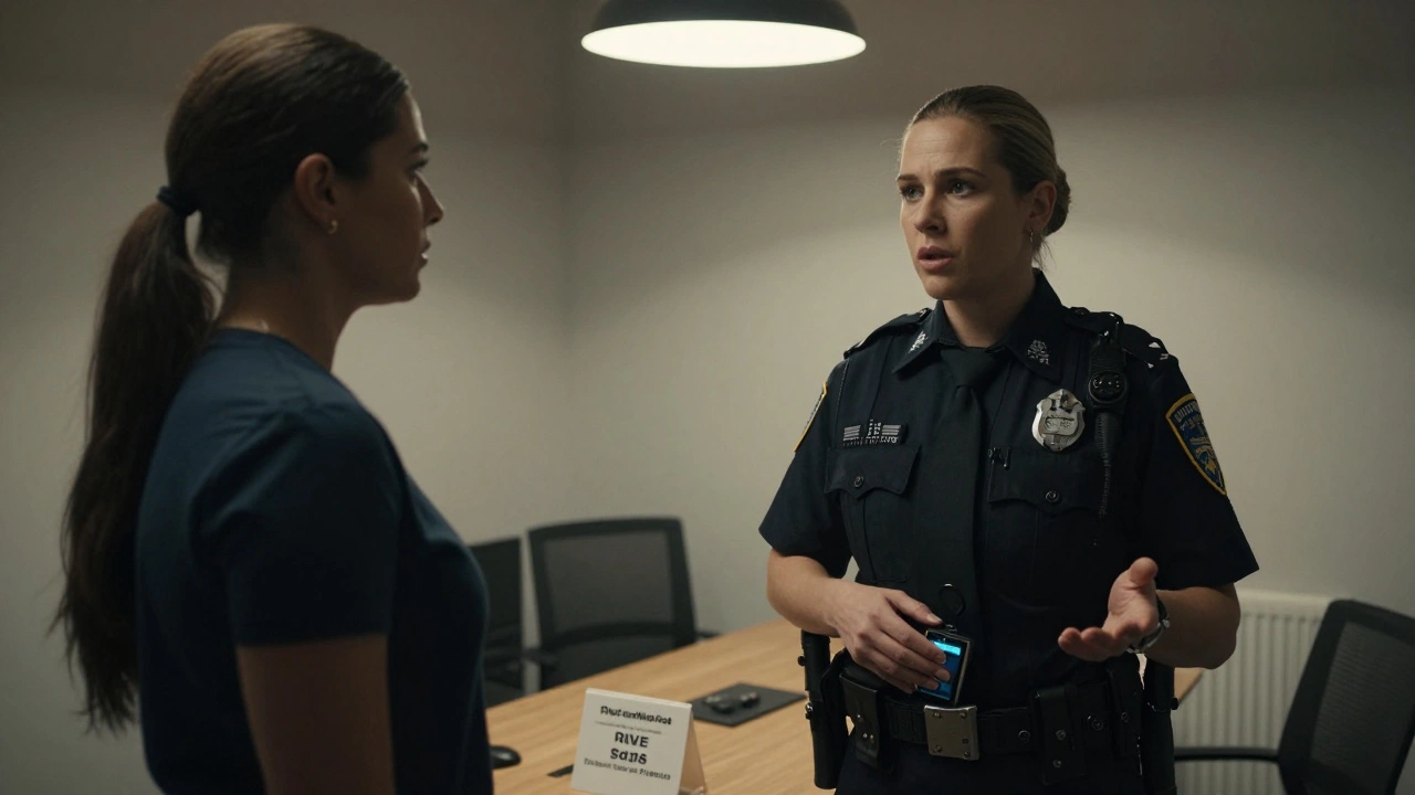 A sex worker and police officer face each other in a softly lit room, with a rights card visible on the table.