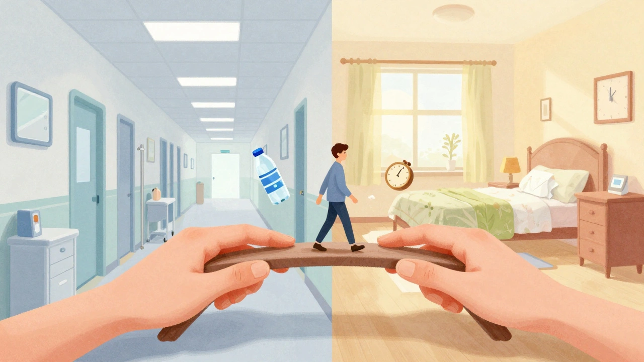 A symbolic bridge of hands connects a hospital to a home, representing compassionate support during cancer treatment.