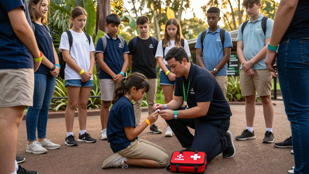 A tour escort administers an EpiPen to a student at a zoo while others remain calmly grouped nearby.