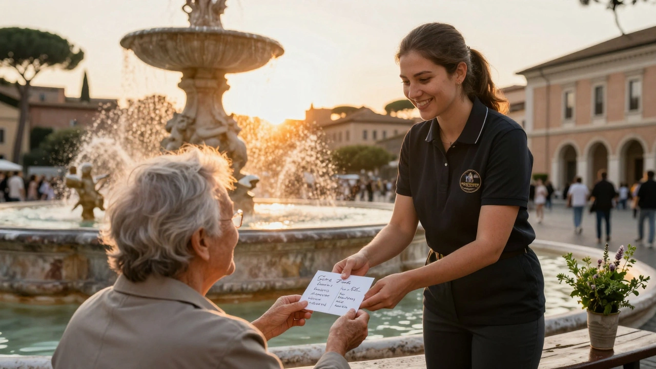 A tour escort in Rome gives a handwritten postcard to a guest at sunset, standing near a quiet fountain, conveying warmth and personal connection.