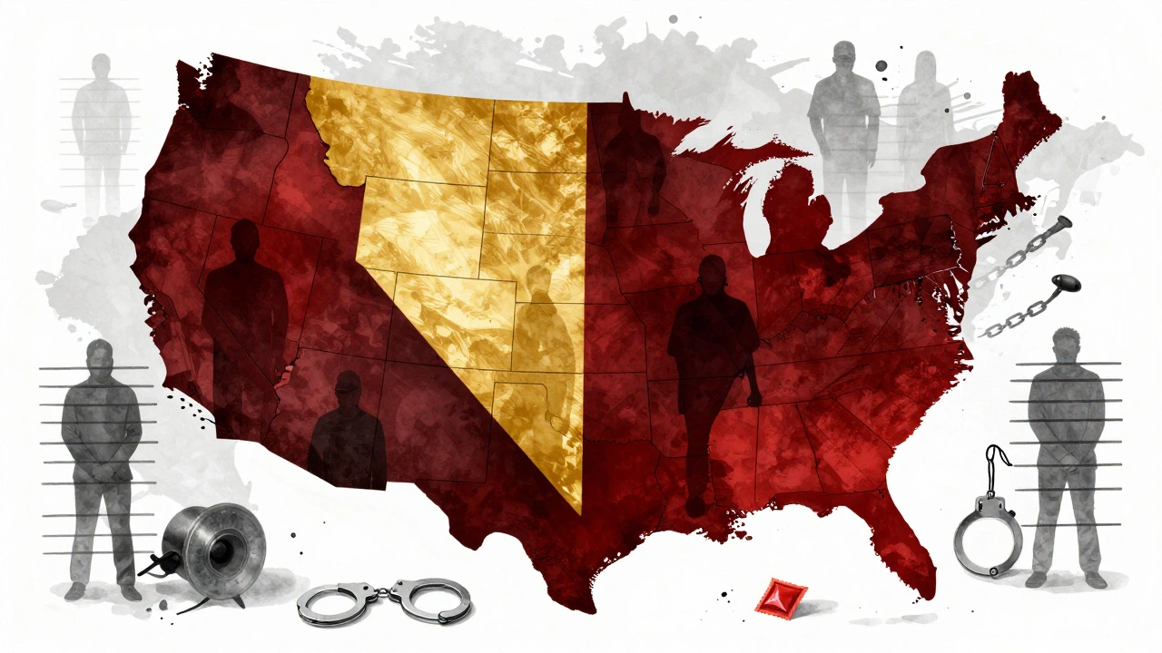 A U.S. map showing Nevada as the only legal state for sex work, others in shadow with arrest symbols.