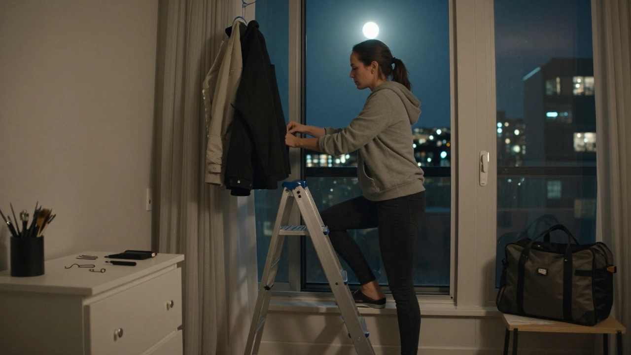 A woman deploying a folding ladder through a window to escape, moonlight illuminating the scene, coat hiding the ladder.