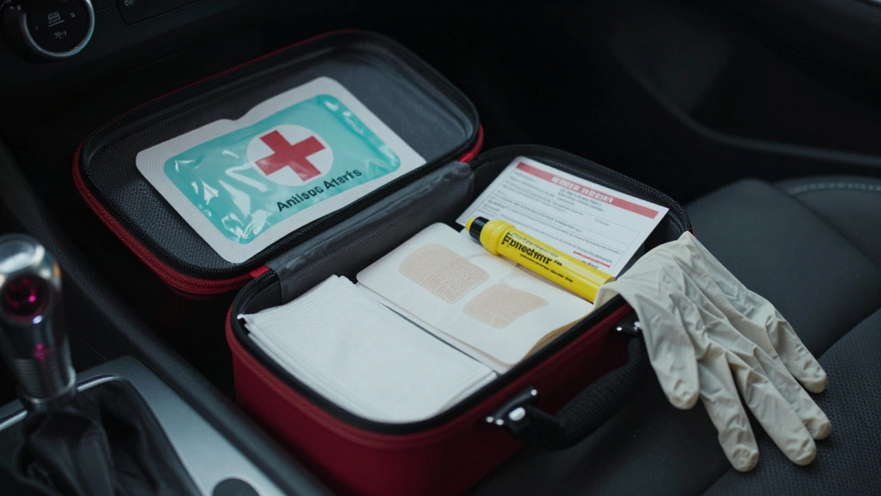 An open first aid kit with medical supplies on a car seat, including gloves and an injector.