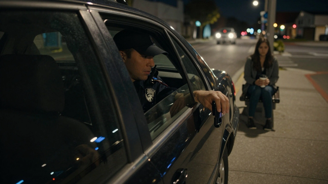 An undercover officer in a dark car watching someone on a sidewalk, streetlights casting soft glow outside.