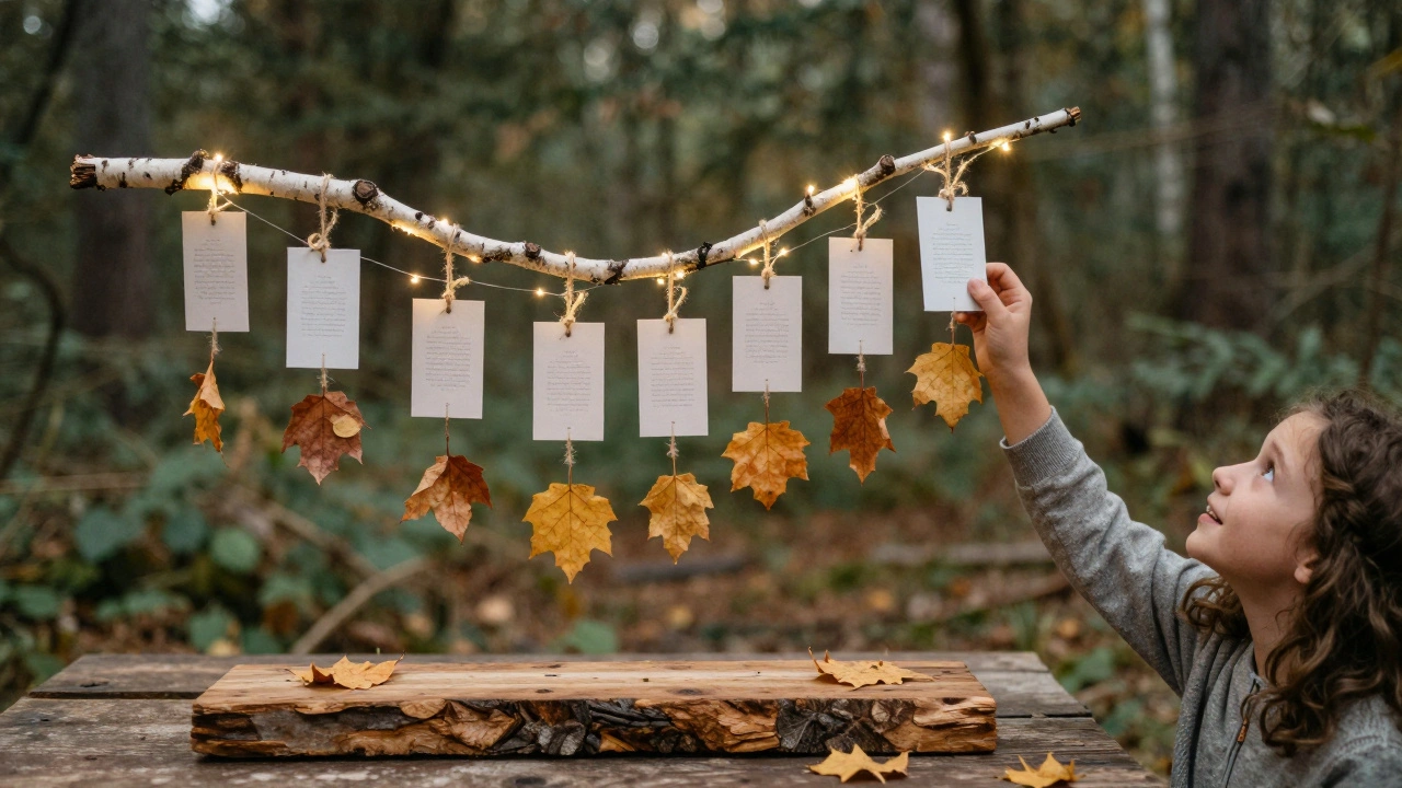 Birch branch with tied escort cards glowing softly behind fairy lights.