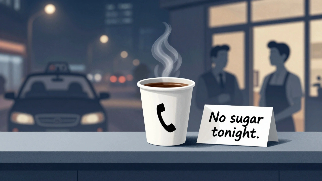 Coffee cup with steam shaped like a phone, symbolizing a coded safety signal in a neighborhood checkpoint system.