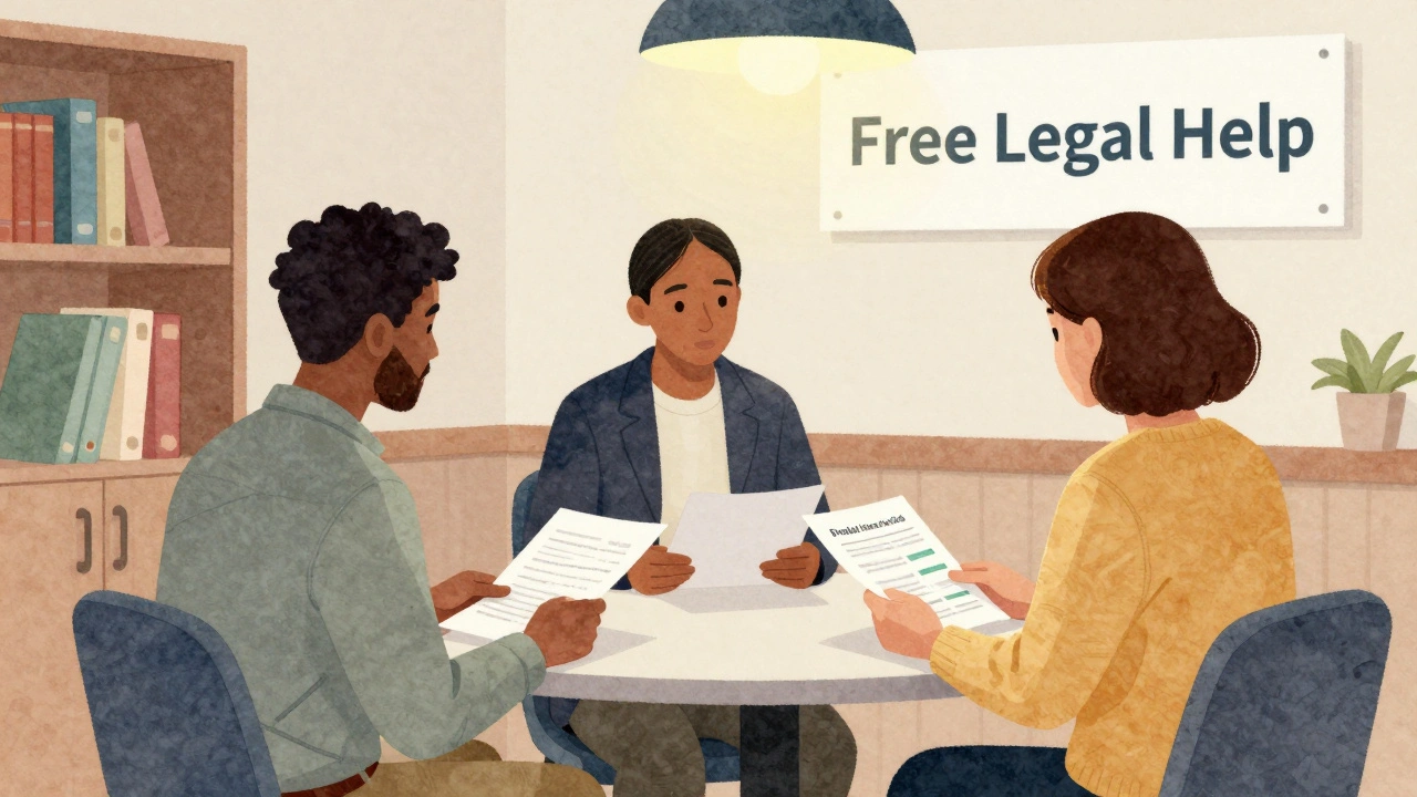 Diverse individuals receiving free legal help at a community center with a lawyer.