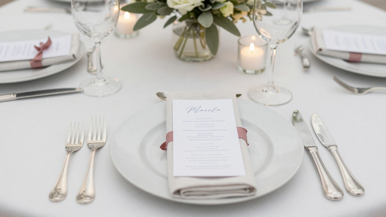 Elegantly set wedding table with menu in napkin, silverware, and floral centerpiece in matching dusty rose tones.